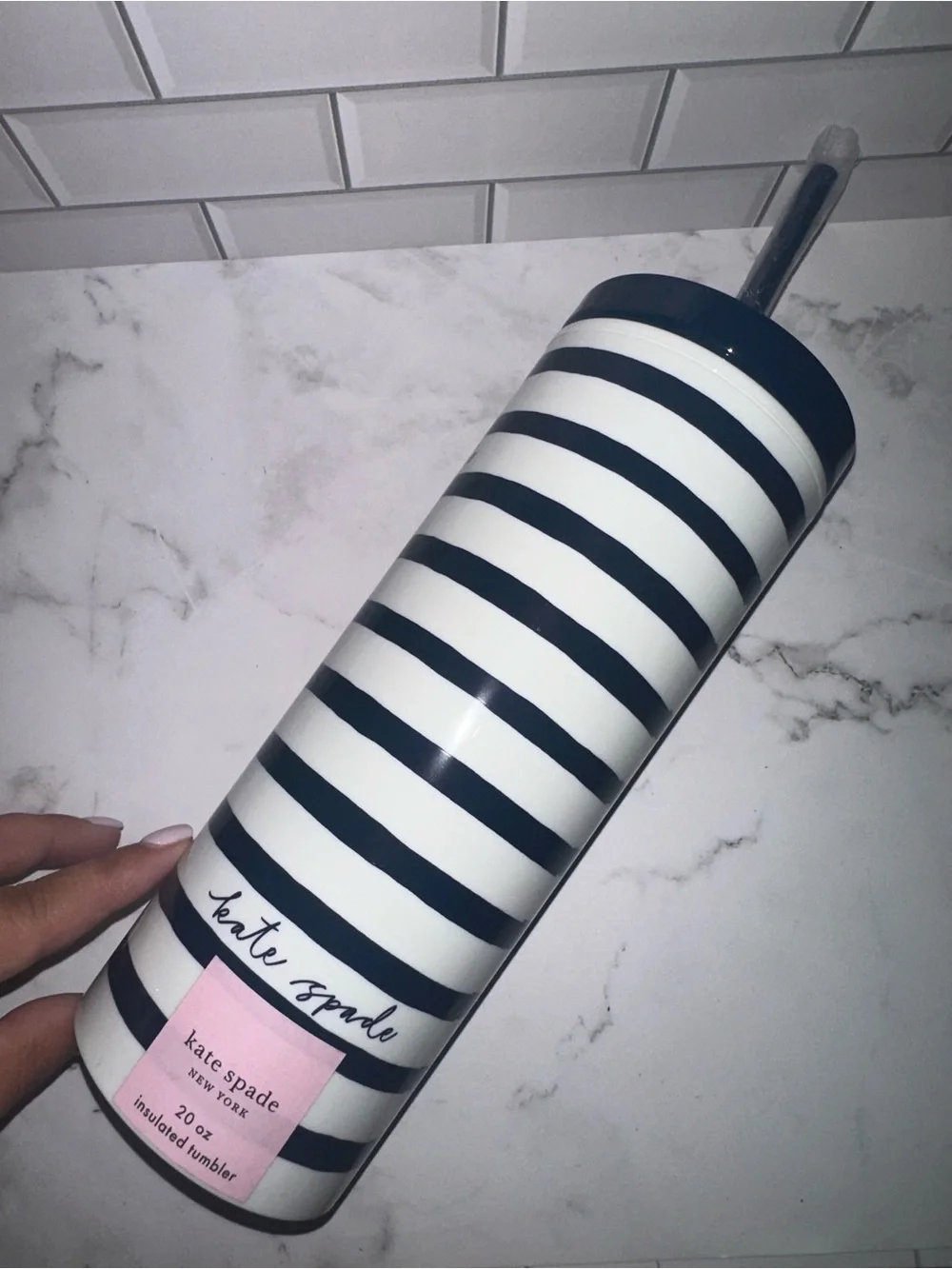 Kate Spade Navy and White Striped Tumbler with Lid